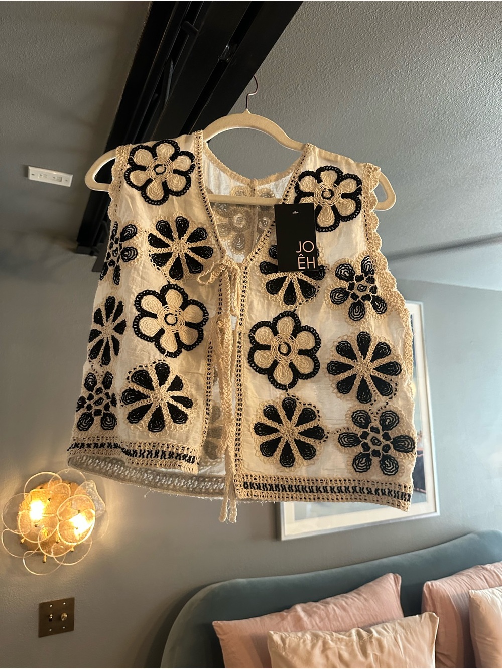 Jo êh Cream Crochet Vest with Black Floral Embroidery & Short set
